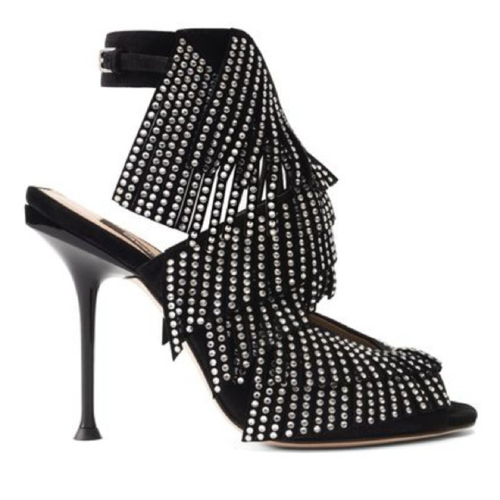 New Sergio Rossi Black Rhinestone Fringe Tiered Heels Sexy Sparkle Sz 35